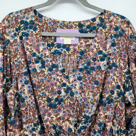 Maeve Anthropologie Odette Smocked Pink Blue Floral Blouse Medium - Picture 4 of 11